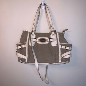 Michael Kors Gansevoort Canvas Satchel Leather Handbag Tan White